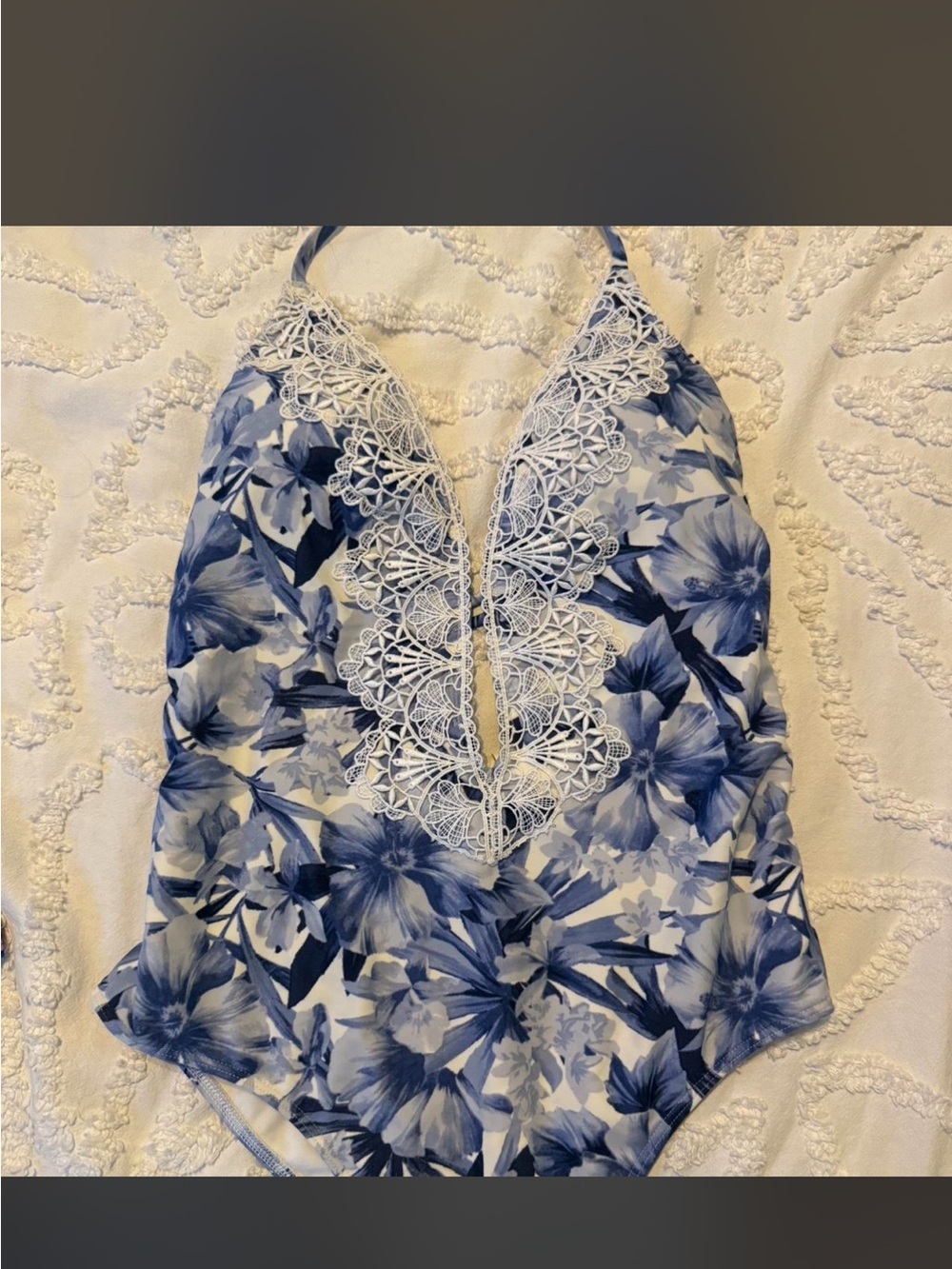 Hollister Blue Floral Lace-Trim One-Piece Swimsuit Medium